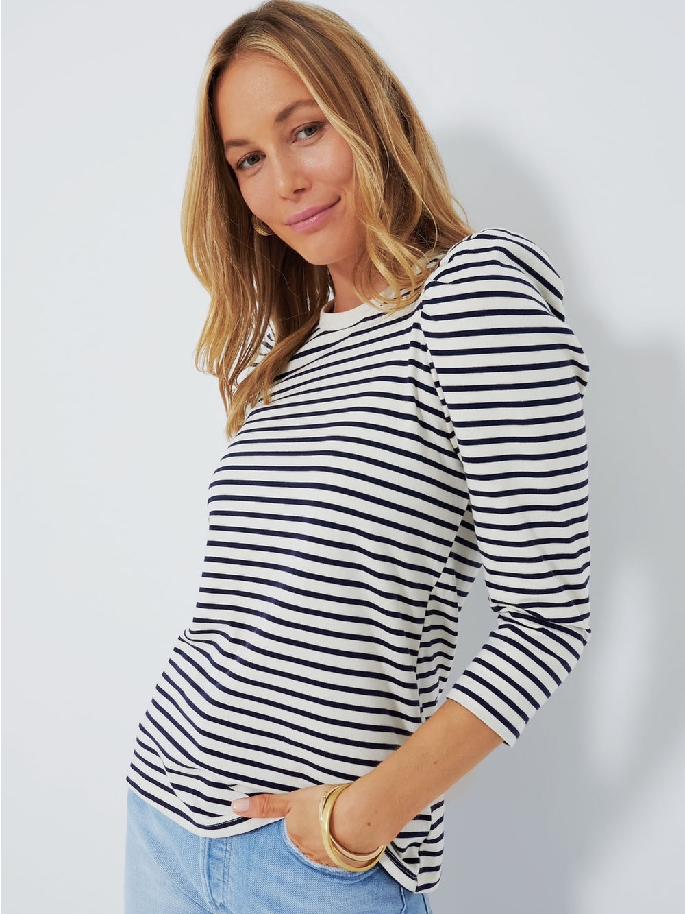 Pomander Place black& White Striped Puff-Sleeve Long Sleeve Tee M